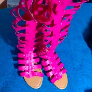 CAMSSOO Women's Open toe Knee High Sandals, PINK SIZE 37